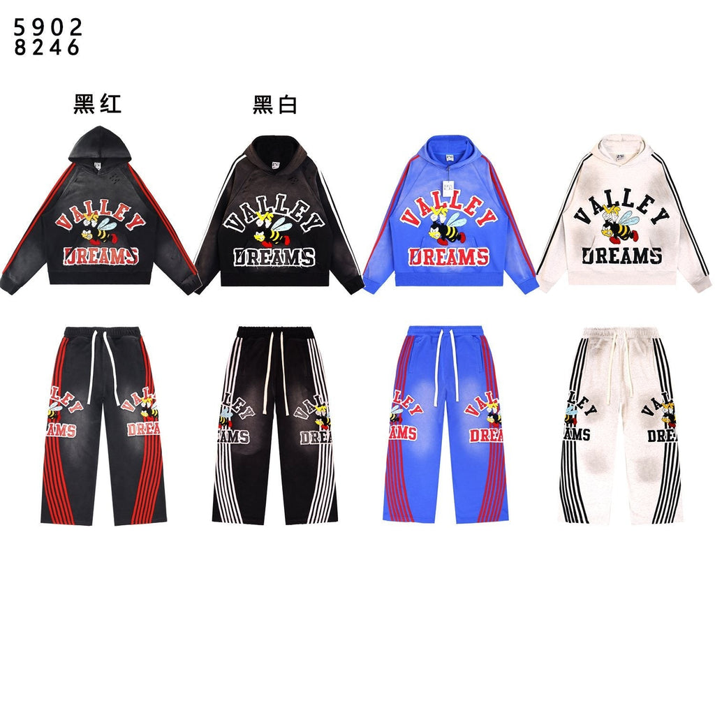 VALE USA Bee Embroidered Striped Hoodie & Sweatpants Set