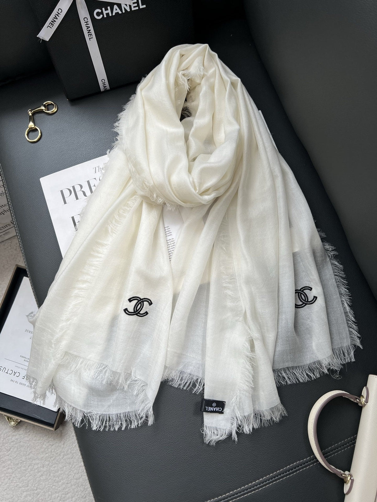 Chanel Style Lightweight Embroidered Logo Scarf